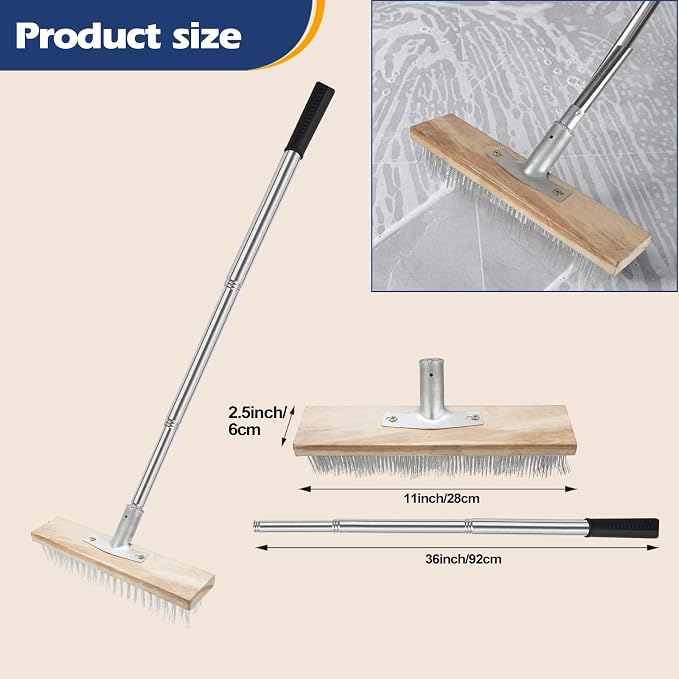 Floor Scrub Brush, Concrete Outdoor Broom Long Handle Cleaning Tool | Metal Wire Pool Deck Brush Stainless Steel, Garage Patio Gunite Tile Algae Moss for Scrubbing Heavy Duty