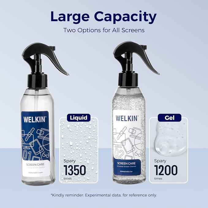 WELKIN Screen Cleaner Kit, 8.5 oz + 8.5 oz Spray & Gel for TV & Phone | Dual Formula Cleaning, Streak-Free Performance, Spray & Gel Options for Screens, Includes 1 Microfiber Cloth & 1 Glass Wipe