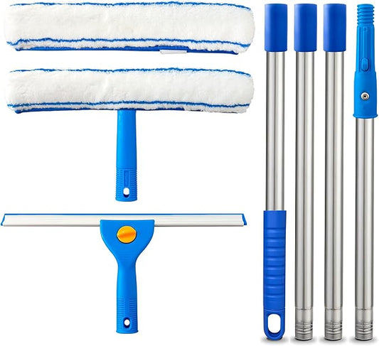 ARTIPOLY Squeegee for Window Cleaning, 14" Extra-Large Squeegee & Microfiber Scrubber Combi with 60" Stainless Steel Pole, Window Cleaning Kit for Shower Glass Mirror Door Car-2 Pads