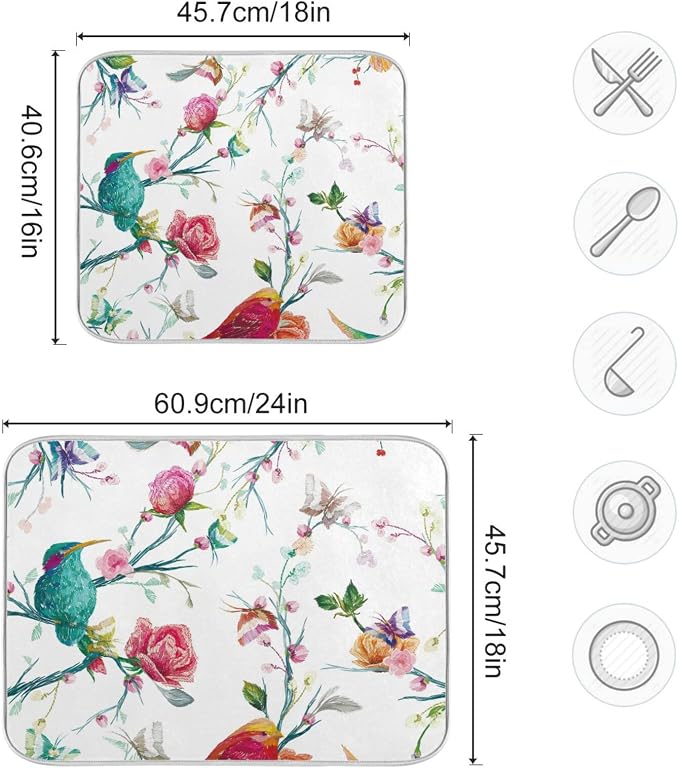 Absorbent Dish Drying Mat for Kitchen Counter - Watercolor Flowers and Birds Microfiber Drying Pad, Reversible Drainer Mats for Countertop, Lager 18 x 24 inch