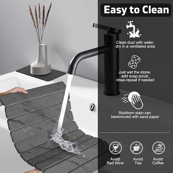 Large Stone Dish Drying Mat for Kitchen Counter, Quick Dry Dish Drying Mats, Foldable Absorbent Diatomaceous Earth Mats for Plate Rack Bottles Cups, Match Any Countertop (Gray Marble 24"×16" & 8"x4")