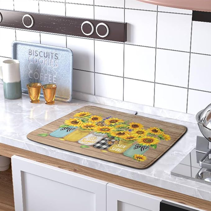 Sunflower Dish Drying Mat for Kitchen 16x18 Inch Counter Rustic Vintage Floral Vases Wood Grain Drying Mats Microfiber Absorbent Dishes Drying Pad Spring Summer Flowers Dish Drainer Rack Mat