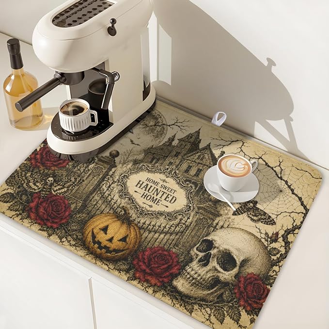 Halloween Pumpkin Dish Drying Mat for Kitchen Counter 18 x 24 Inch Ghost Castle Dish Drainer Mat Absorbent Microfiber Rose Skull Crow Dish Rack Pad for Coffee Dining Bar Decor