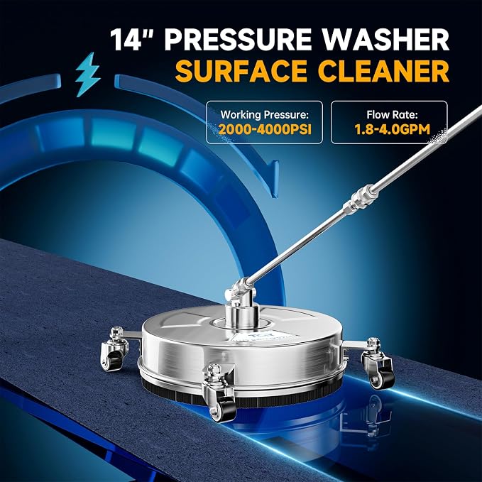 TOR 14" Stainless Steel Pressure Washer Surface Cleaner Attachment with 4 Wheels, 4000 PSI, 2 Extension Wands, Power Washer Surface Cleaner for Concrete, Driveway, Patio, Sidewalk, 1/4" Quick Connect