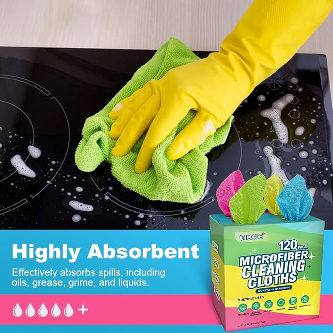 UNIMADE Microfiber Cleaning Cloth, 120 Pack Reusable Paper Towels Microfiber Towels for Cars Lint Free Shop Rags for Home Kitchen Automotive, 11"x 9", Pink & Yellow & Green & Blue