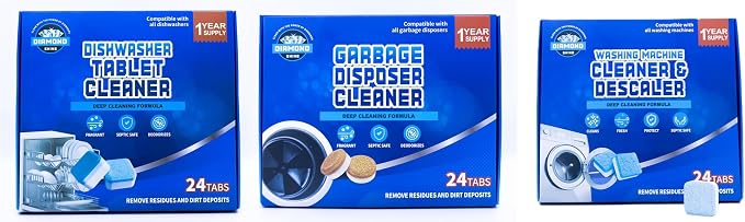Diamond Shine Appliance Cleaner Bundle, 72 Tablets Total – Dishwasher, Garbage Disposal & Washing Machine Descaler Tabs – Septic Safe, Deodorizing, 1-Year Supply