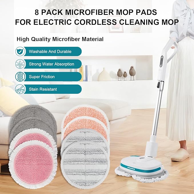 Spin Cordless Electric Mop Pads: 6.5/6.3/6 inch steam/electric mop Pads Replacement for alfabot/vmai/teko/eous/vm6/devoac/kactor/redkey/gobot mop - Round Velcro Scrubber Pads for floor cleaning 8 Pack