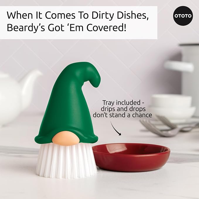 New! Beardy Gnome Dish Brush by Ototo - Gnomes, Quirky Gifts, Cute Kitchen Accessories, Funny Kitchen Gadgets, Vegetable Brush, Cute and Useful Gifts for Women (Green)