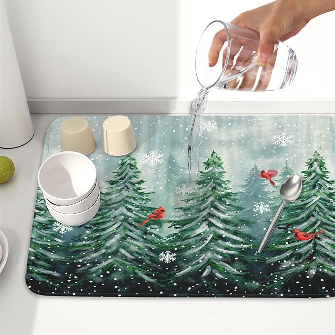 Winter Pines Tree Dish Drying Mats for Kitchen Counter, Christmas Tree Dish Mat Absorbent Reversible Microfiber Dish Drying Pad Winter Kitchen Drying Mat Dish Drainer Rack Mats for Coffee Bar 18"x24"