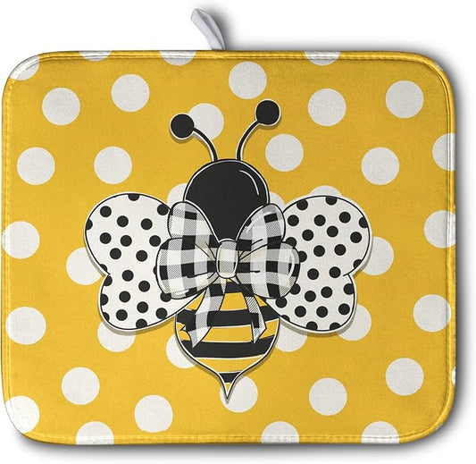 Bee Dish Drying Mat for Kitchen Counter 16x18 Inch Yellow Honey Bees Polka Dots Dishes Pad Cute Bumblebee Dish Draining Microfiber Absorbent Dish Drainer Rack Mat Medium Kitchen Accessories