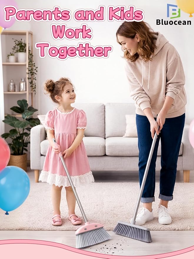 28'' Kids Mini Broom with Dustpan & Mop Set - Toddler Cleaning Toy, Toddler Household Helper, Parent-Child Interactive Play Cleaning Tool, Cute Cartoon Design, Small Safe Corner Broom (Pink)