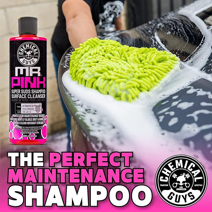 Chemical Guys, Mr. Pink Foaming Car Wash Soap & Chenille Mitt Kit, 16 oz | High-foaming Mr. Pink soap with a plush chenille mitt for safe, scratch-free contact washing, a starter combo