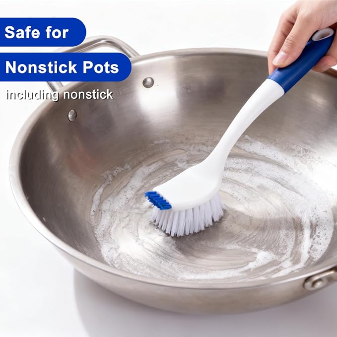 ITTAR Kitchen Dish Brush with Long Non-Slip Handle, 2-in-1 Kitchen Scraper & Brush, Heavy-Duty Non-Scratch Scrub Brush for Sink, Pots, Pans, Burnt Food Grease Stove Sink Cleaning-White & Blue