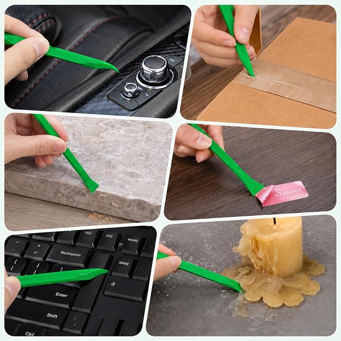 Crevice Cleaning Tool, 9 PCS Carbon Fiber Plastic Scraper Tool Set for Car Detailing | Non-Scratch Multi-Purpose Scraper for Small Narrow Spaces, Gaps, Label Sticker Remover and Detail Cleaning - Green
