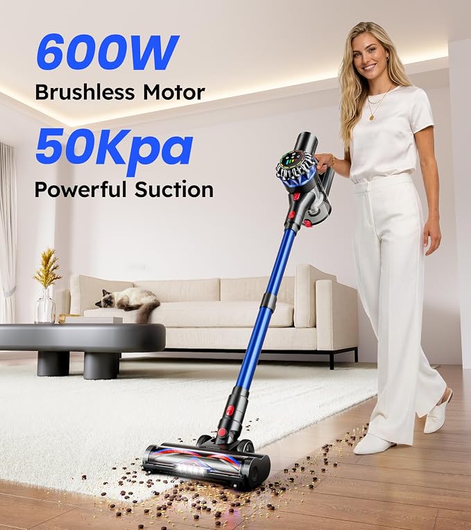 Cordless Vacuum Cleaner, 600W 50Kpa 65Mins Cordless Stick Vacuum with Self-Standing, Touch Screen, Anti-Tangle Wireless Vacuum, Vacuum Cleaners for Home/Pet Hair/Carpets/Hardwood Floor