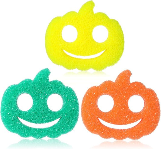 FillTouch 3 Pcs Dual Sided Scrub Sponge Multi Functional Cute Temperature Sensitive Non Scratch Dish Sponge for Washing Dishes Kitchen Bathroom (Thanksgiving Pumpkin,Orange, Yellow, Green)