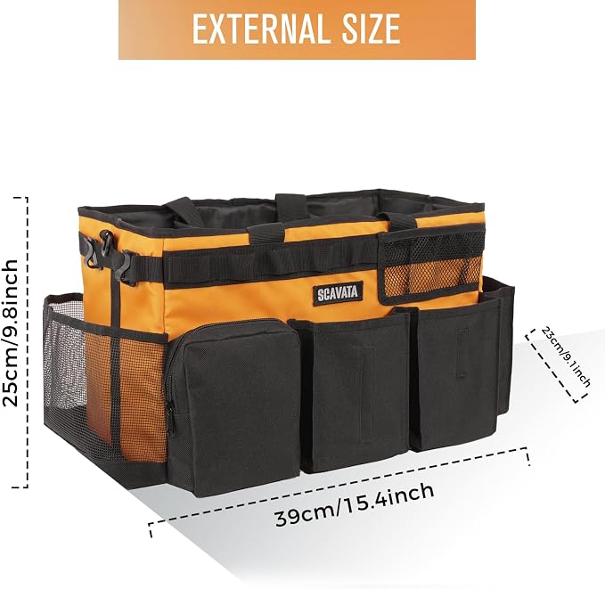 SCAVATA Wearable Cleaning Caddy Bag, Cleaning Caddy Supplies Organizer with Handle & Shoulder Straps for Housekeepers, Under Sink & Car Cleaning Tool Organizers with 4 Foldable Divider (Orange)