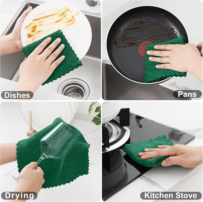 Homaxy 12 Pack Kitchen Dish Cloths (10 x 10 Inches, Dark Green), Super Soft and Absorbent Coral Velvet Dish Towels, Nonstick Oil Fast Drying Microfiber Cleaning Cloth, No Lint Household Dishcloths