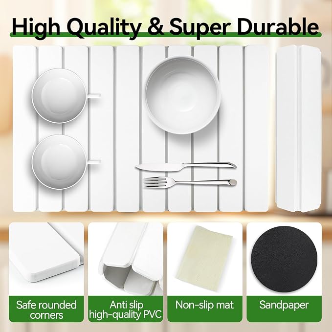 Large Stone Drying Mat for Kitchen Counter, 24"x16" Collapsible Diatomaceous Earth Drying Mat, Instant Absorbent Dish Drying Pad, Stone Drying Rack Space Saver Drying Board for Kitchen Sink, White