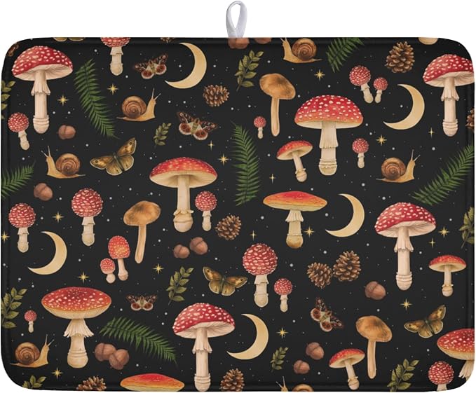 Botanical Mushroom Fern Leaf Dish Drying Mat 18x24 Inch | Butterfly，Polyester，Absorbent Microfiber，for Kitchen Coffee Dining Bar Decor