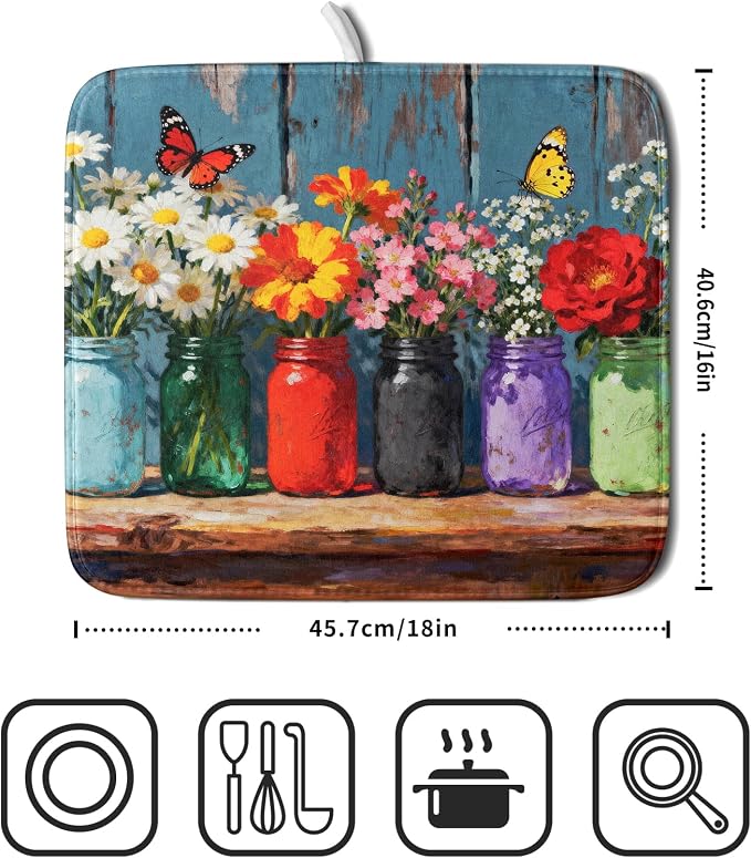 Floral Dish Drying Mat Small for Kitchen Counter 16x18, Spring Summer Farmhouse Decorative Absorbent Reversible Microfiber Kitchen Countertop Protector Dishes Drainer Pad