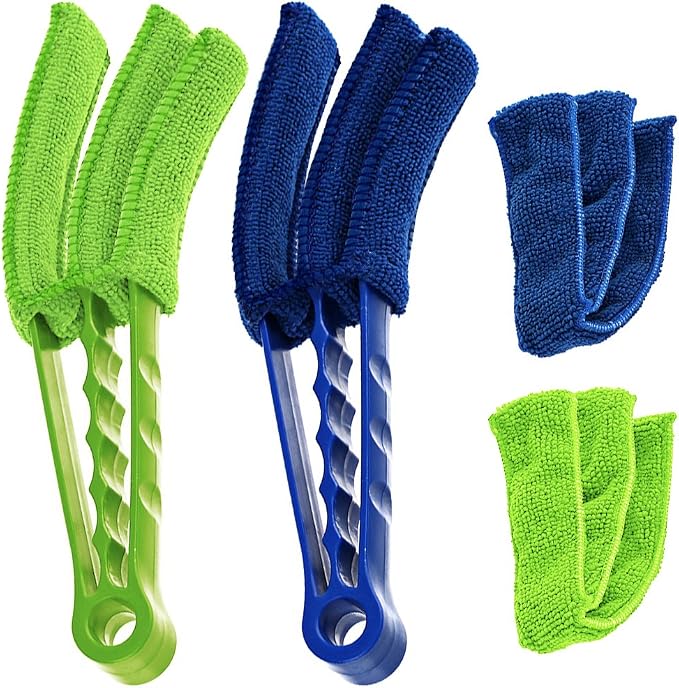 SENHAI Duster, Set of 2 Microfiber Cleaner Brush for Window Blinds, Air Conditioner, Vent, with 2 Extra Sleeves, Blue & Green, ABS Material