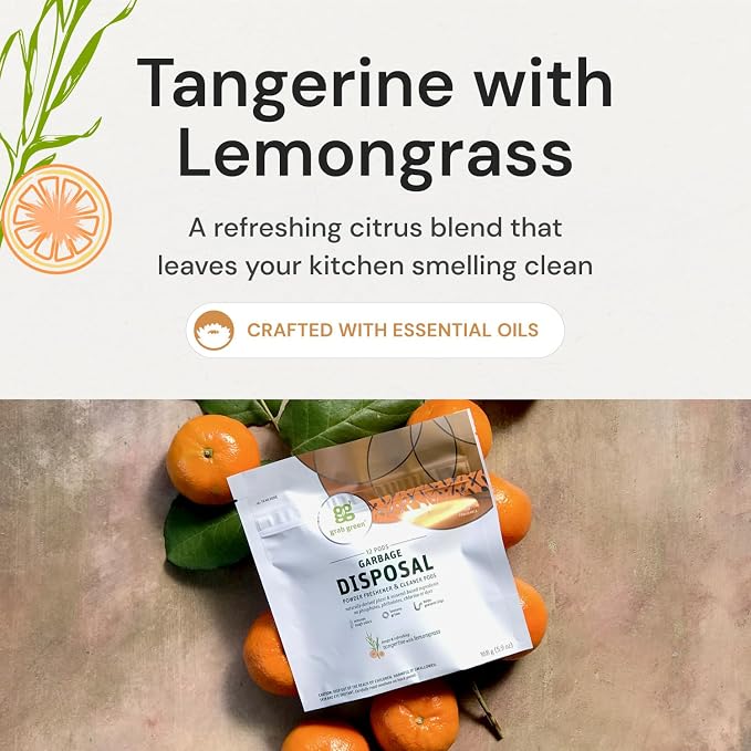 Grab Green Garbage Disposal Cleaner, 12 Pods, Tangerine Lemongrass | Freshens garbage disposals; Plant & Mineral-Based; Removes Odors; Loosens Grime; Helps prevent clogs