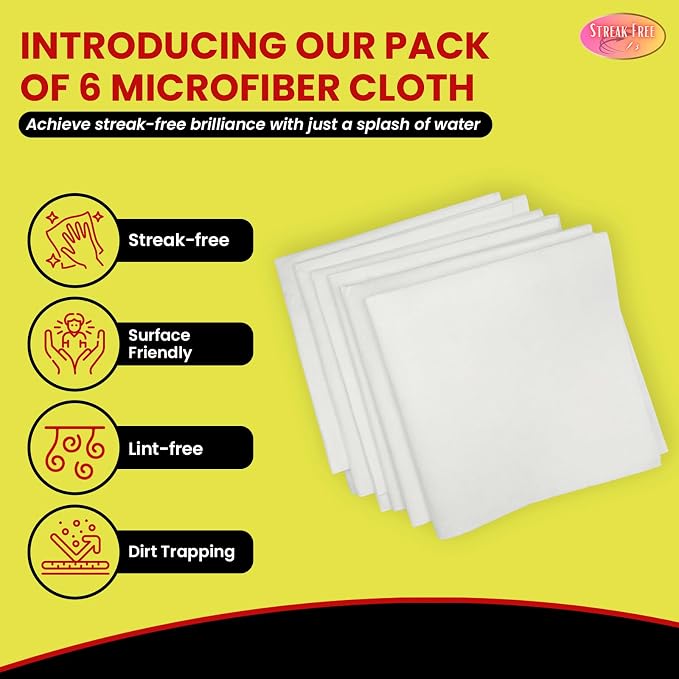 Streak Free/3 Microfiber Glass Cleaning Cloth, 6 Pack, Lint Free & Reusable