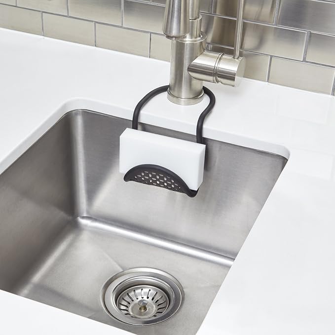 Umbra Sling Sponge Holder for Kitchen Sink – No Suction Cups, Flexible Caddy for Sinks and Faucets, Modern Design, Black