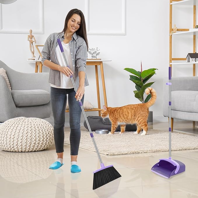 NACENA Broom and Dustpan Set, 52-in Long Adjustable Handle Broom Dustpan Combo with Dust pan Teeth to Automatically Clean Hair Suitable for Home Kitchen Office Hall Floor (Purple), 2 Pack