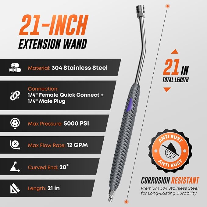Pressure Washer Extension Wand, Pressure Washer Wand 1/4 Quick Connect | 304 stainless steel, 21 in, 20 degree angled end, anti-slip ribbed grip, 1/4 quick connect, 5000 PSI, 12 GPM
