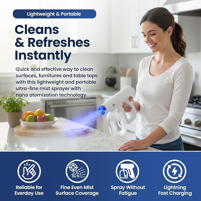 Professional Disinfectant Nano Spray Gun, Ultra Fine Atomizer Sprayer,White | Continuous Spray Bottle with Blue Light, Easy to Use Lightweight and Rechargeable Sanitizer Gun, Multipurpose Fogger Machine