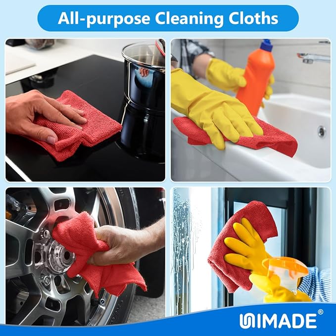 UNIMADE Microfiber Cleaning Cloth, 20 Pack Reusable Microfiber Towels for Cars Lint Free Cleaning Shop Towel Rags for Home Kitchen Automotive Bar Mechanic Restaurant Garage, 11.5"x 11.5", Red