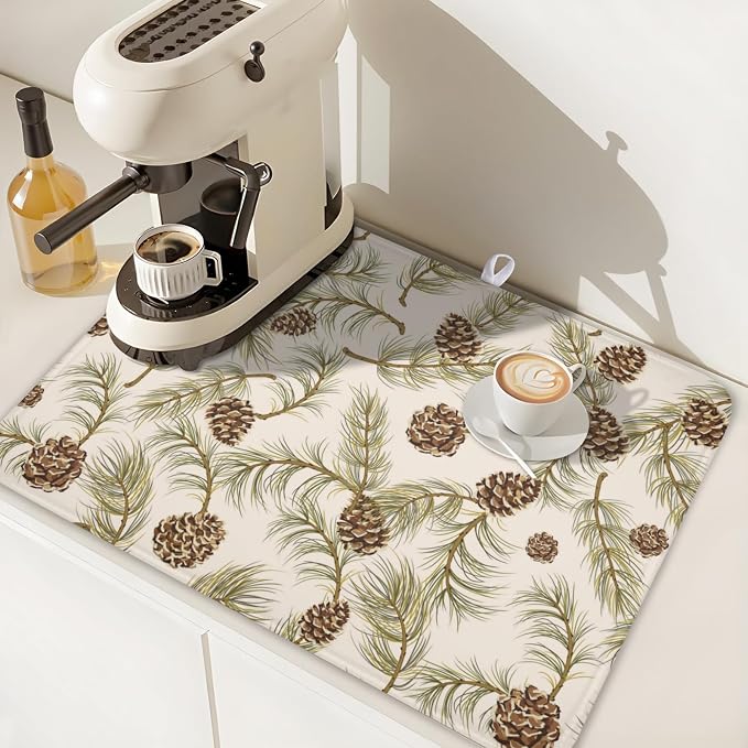 Winter Pine Cone Dish Drying Mat for Kitchen Counter Christmas Pinecone Pine Tree Branches Dish Drainer Mat Xmas Holiday Rustic Absorbent Washable Drying Pad 18"x24"