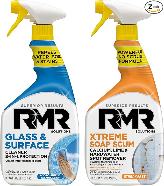 RMR Shower Shield Power Pack – Glass & Surface Cleaner/Repellent + Xtreme Soap Scum Remover, Multi-Surface Cleaning Kit for Bathroom, Tile, Glass, & Surfaces, 2–32 Oz Bottles