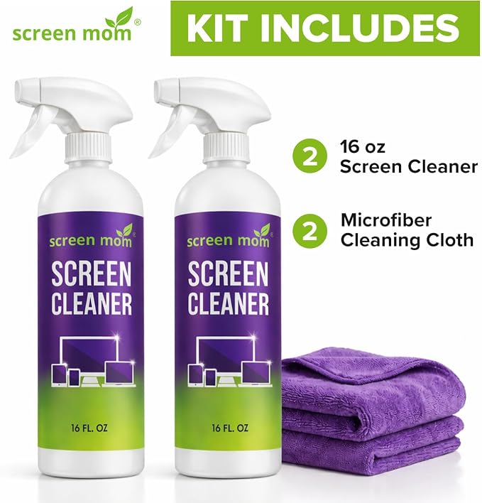 Screen Mom Screen Cleaner Spray 2 Pack-16oz for TV, Car, Laptop & Computer | Streak-Free Formula, Alcohol & Ammonia-Free, Safe for TVs, OLED Glass Tablets & Phones, Gentle Cleaning, No Residue Finish