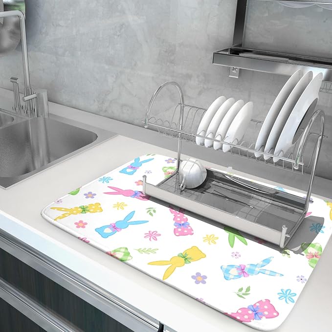 Easter Dish Drying Mat for Kitchen Counter Cute Bunny Floral Holiday Microfiber Absorbent Dish Draining Reusable Washable Foldable Extra Large 18"x24"