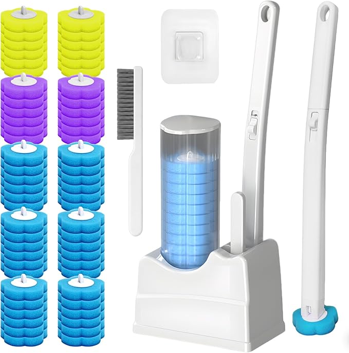 Disposable Toilet Brush Cleaning System, Disposable Toilet Cleaner Wand and Holder Set with 60 Toilet Wand Refills, Extended Handle for Toilet Bowl Cleaners, Bathroom Cleaning, Bathtub
