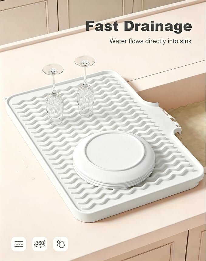 Rnivvi Silicone Dish Drying Mat for Kitchen Counter, 16 x 12" Drainer Pad with Drainage Spout, Heat Resistant Trivet Non-Slip Dish Rack Mats for Countertop Protection, Kitchen Bar Decor Pad, White