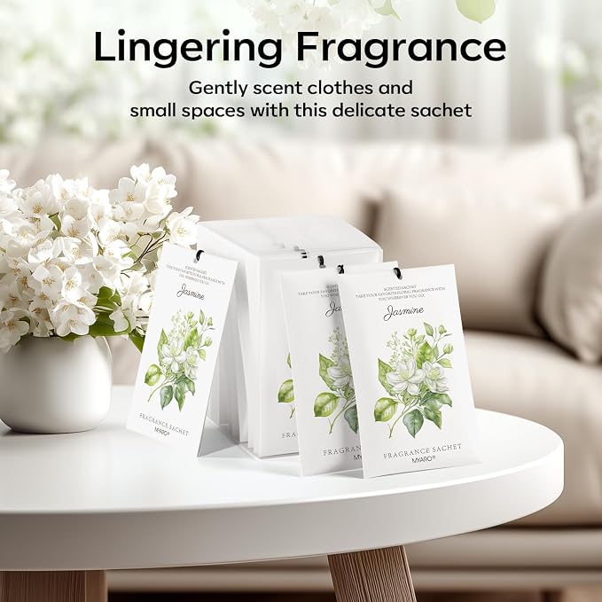 MYARO 12 Pack Jasmine Scented Sachets for Drawer, Closet & Small Spaces Air Freshener Bags, Odor Eliminator for Car, Shoes, Bathroom Home Fragrance Gift Set
