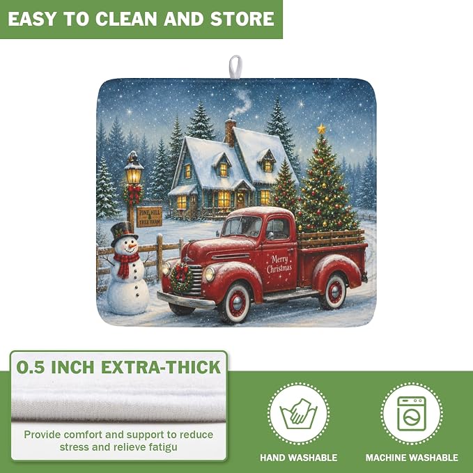 Merry Christmas Dish Drying Mat for Kitchen Counter 16x18 Inch Snowman Truck Dish Drainer Mat Absorbent Microfiber Winter Snowflake Dish Rack Pad for Coffee Dining Bar Decor