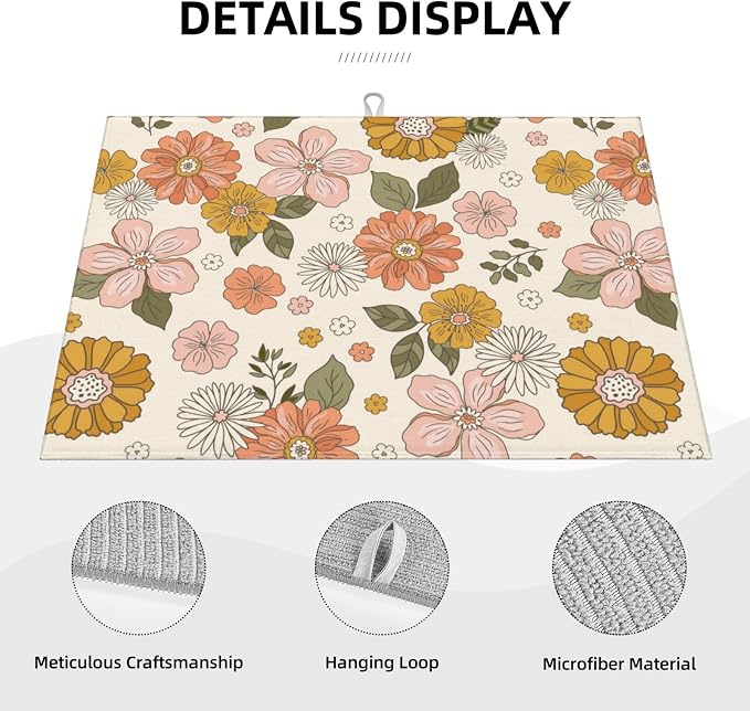 Pink Flowers Dish Drying Mat For Kitchen Counter, Super Absorbent Microfiber Dish Drying Pad, Kitchen Gadgets For Easy Clean Multi-Use Large 18"x24"