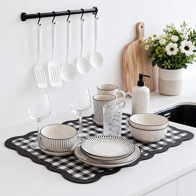 Scalloped Gingham Coffee Mat 12" x 20" Absorbent Coffee Bar Mat Gingham Espresso Matt for Counter(Black, White)