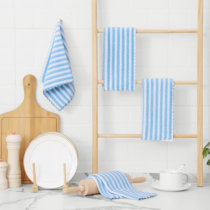 Homaxy Kitchen Towels(6 Pack, 10 x 20 inches), Ultra Soft and Absorbent Dish Towels, Reusable Fast Drying Microfiber Cleaning Cloth, Coral Velvet Wave Design No-lint, Blue