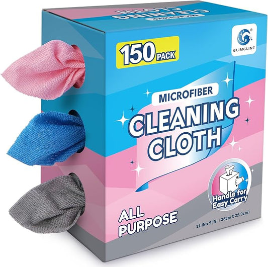 GLIMGLINT Microfiber Cleaning Cloth, 150 Pack Reusable Lint-Free Towels with Dispenser Box - Multi-Color Soft Microfiber Towels for Home, Kitchen, Bathroom, Glass & Tables - 11"x9" Washable Shop Rags