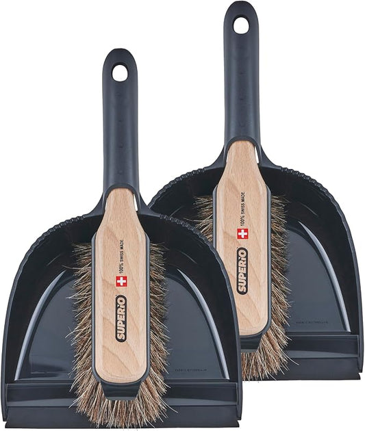Superio Handheld Comfort Grip Plastic Dustpan and Wooden Brush Set - Hand Broom with Swiss Natural Horsehair Bristles Compact Design, 2-Pack