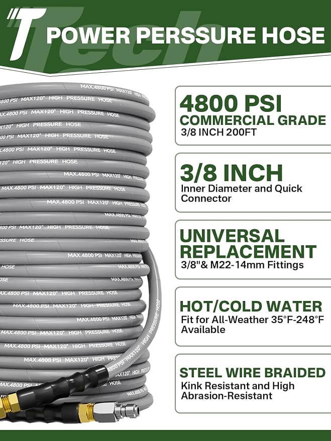3/8" 4800PSI Pressure Washer Hose 200FT Swivel Quick Connect | Power Washer Hose for Cold/Hot Water Max 248°F, Kink Resistant Steel Wire Braided, Wear Resistant with M22 14mm Adapter