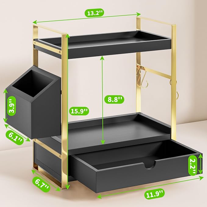 2-Tier Bathroom Counter Organizer with Drawer and Basket, Wood Countertop Organizer for Storage, Skincare Organizers for Vanity, Counter Shelf for Bathroom Organization(Black-Gold)