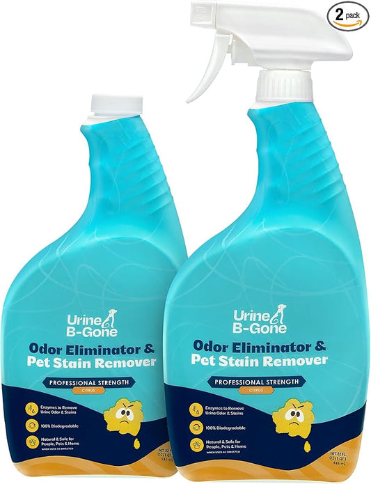Urine B-Gone, Professional Enzyme Odor Eliminator & Pet Stain Remover, Human, Cat & Dog Urine Cleaner, Effective on Laundry, Carpets & More, Citrus Scent, 32oz, Pack of Two