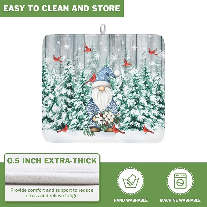 Giwawa Winter Gnome Dish Drying Mat Pine Tree Dishes Pad 16"x18" Microfiber Absorbent Fast Dry Drainer Rack Mats Protector for Kitchen Countertop